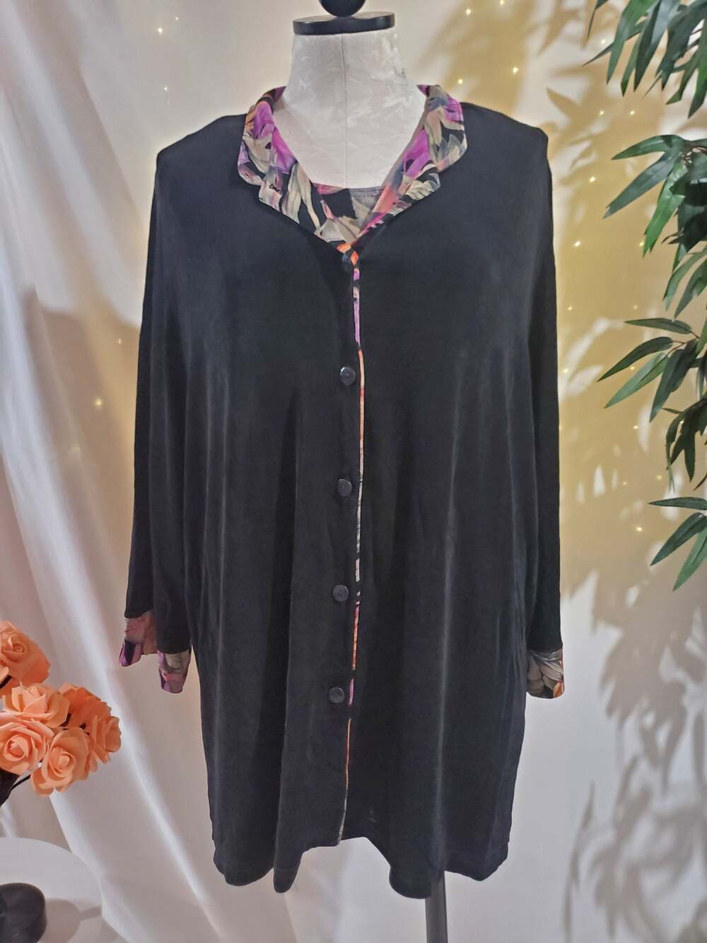 Vikki Vi 2 Piece Tropical Leaf Slinky Stretch Top Jacket Set Plus Size 1X Travel